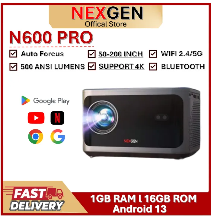 NexGen N600 PRO Projector Dual Band WIFi 2.4/5G Android 13 Auto Focus + Bluetooth