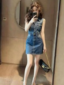 Fashion sleeveless denim dress womens new retro temperament elegant lapel denim dress design feeling waist and thin short skirt