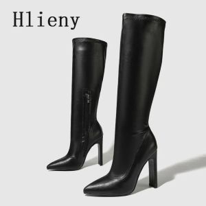 Hlieny Autumn Winter Women Knee-High Boots Fashion Pointed Toe High Heels Shoes Zipper Office Lady Long Botas De Mujer Size 42