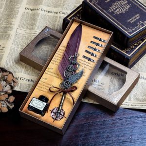 ANBIHE Retro Classic Creative Exquisite Gifts Signing TeachersDay Students Birthday Gift Writing Gift Boxed Dipped ink pen Fountain Pen with Ink Quill Feather Dip Pen with 5 Nib Set Calligraphy Pen