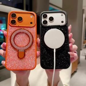 Bling Glitter Powder Diamond Case For iPhone 17 Pro Max Magnetic Metal Stand Bracket Cover For iPhone 13 14 15 16 Pro Max Shell