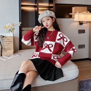 Girls Red Sweater 2025 New Childrens Fashion Knitted Girls Autumn Baby Top Spring Child Clothes Girl 9 10 11 12 Years Sweater2026