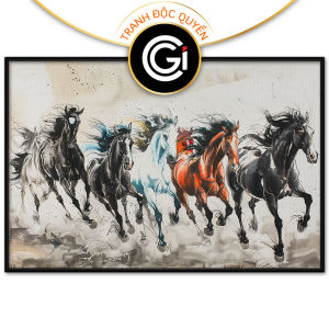 Tranh phong thủy mã đáo thành công 5 con ngựa đón phi tranh treo tường dán tường hút tài lộc công danh.CGI-725