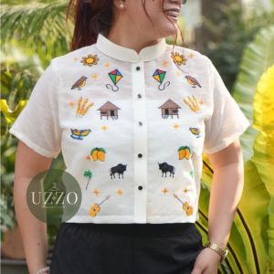 HABLON Pinya Jusilin Ladies Barong Embroidered Icon Full Open Crop Top Filipiniana See Through