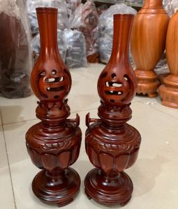 Cặp Đèn thờ - Cặp đèn thờ gia tiên kiểu đèn dầu gỗ xà cừ nguyên khối cao 30cm - 40cm