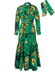 G7C8565 European and American Womens Fashion Cross-Border Autumn Turn-Down Collar Tie Fashion Printed Long Sleeve Shirt Dress Long Dress Export Dress 7/7