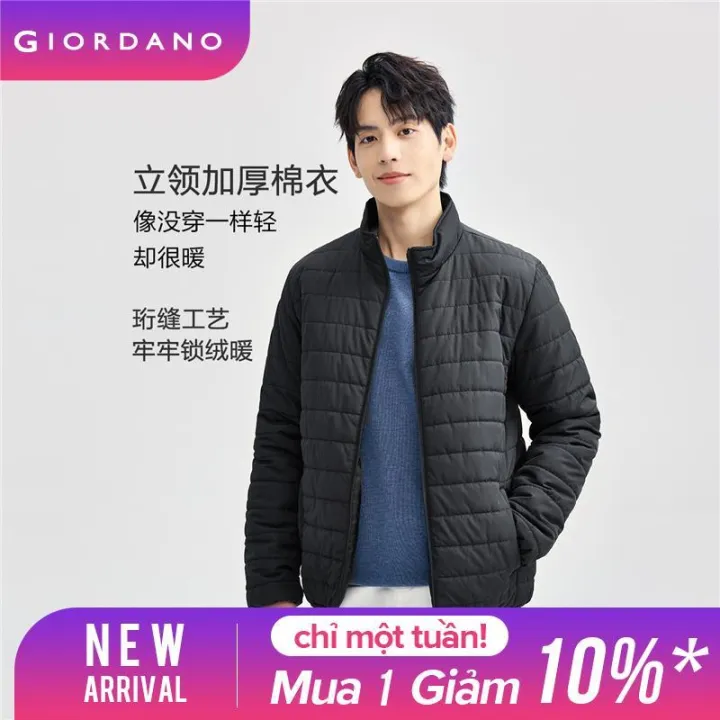 GIORDANO Nam Áo khoác Áo khoác cổ đứng có đệm, khóa kéo, vừa vặn, thời ...