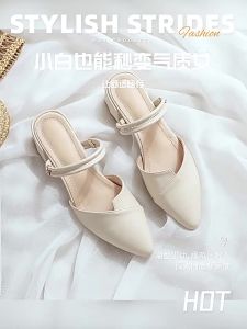 [Free Shipping] Womens Summer Outdoor Sandals with Pointed Toe and Chunky Heel Elegant Half-Slippers for Pairing with Skirts High Heels