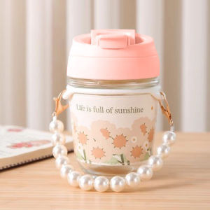 350ml Fashion Flower Pattern Coffee Mug With Pearl Hand Necklace Flask Travel Glass Cup For Gifts