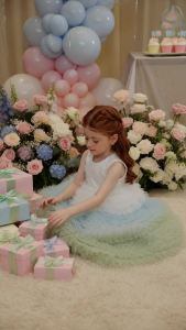 Girls Princess Dress White Blue Green Ombre Tulle Gown Sleeveless Embroidery Party Dress Kids Birthday Wedding Flower Girl Dress