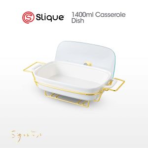 SLIQUE Premium Rectangle Ceramic Casserole Serving Dish with Tempered Glass Lid Metal Stand and Food Warmer 1.4L 2L 3L