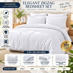 4 in 1 Bedsheet Garterized white zigzag hotel quality bedsheet pure cotton breathable soft and durable with free 2pcs pillowcase