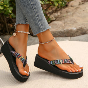 Free Shipping WomenS Summer Flip-Flops Outdoor Wear High-Heeled Thick-Soled Straw Sandals Perfect For A Rustic Beach Or Resort Vacation Wedge-Heeled Sandals
