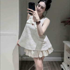 MK_Set tiểu thư đồ thiết kể nữ đi tiệc chất Ren áo sát nách đính nơ cổ V phối chân váy xếp ly ngắn xinh