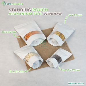 Standing Pouch Ziplock Foil Ziplock Window Plastik Klip Full Alumunium Foil Warna Putih Hitam Kemasan Makanan Sekali Pakai Snack isi 100 pcs