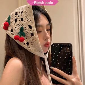 SHENHAO2🎀 Knitted Triangle Headband Cute Little Cherry French Pastoral Style Headband Towel Crochet Flower Headscarf