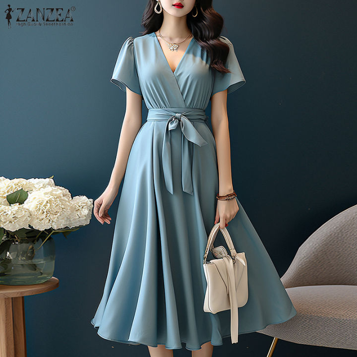 ZANZEA Korean Style Women's Dress Elegant Holiday Petals Sleeve Elastic  Waist Party Prom A-Line Dress #11 | Lazada PH