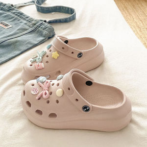 [Free Shipping] Slimming And Height-Increasing Summer Soft And Cute Yogurt-Colored Bow-Knot Slip-On Sandals With Thick Soles Lightweight And Featuring A Perforated Design For Impact Resistance