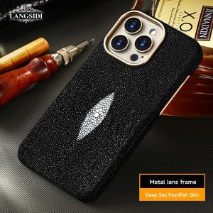 Leather for Magsafe Case for iPhone 14 16 Pro Max 15Pro Luxury Genuine Stingray Crocodile Magnetic Cover with Screen Protector
