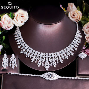 SEQUITO Classic Luxury Royal Style Bridal Accessories Full Micro Pave AAA CZ Stone Leaf Tassel Pendant Necklace Earrings Bracelet and Ring Wedding 4Pcs Jewelry Set for Women Engagement Gift SJ240