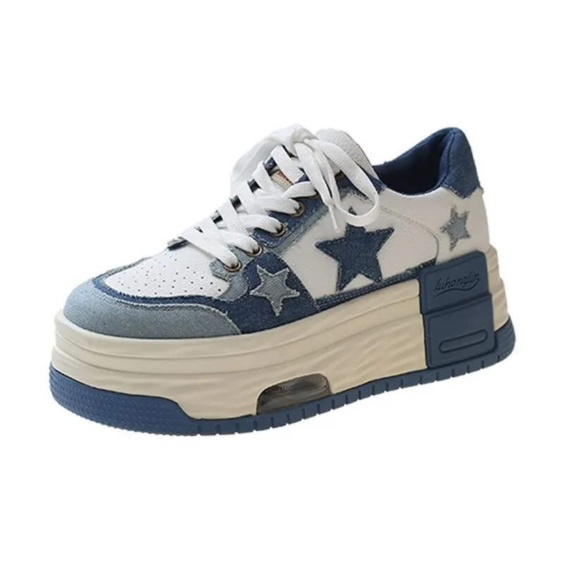 Fashion Y2k Star Contrast Denim Canvas Shoes Women Men Lace Up