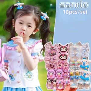 18 Pieces/set Sanrio Childrens Hair Rope Girls Sweet and Cute Kuromi Melody Cinnamoroll Kitty Stretch Bow Hair Tie Double Ponytail Leather Band Hair Accessories Student Gift