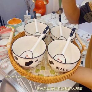 Bộ 2 Bát Tô 2 Muỗng Ăn Cơm Ăn Súp Gốm Sứ Hoạ Tiết Bò Sữa Hoạt Hình Đáng Yêu Phong Cách Nhật Bản