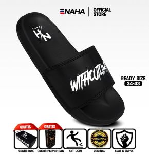 NAHA Sendal Selop Distro Pria Wanita Empuk Logo Hitam Sandal Slop Kece Cowok Karet Dewasa Sandal Slip On Slide