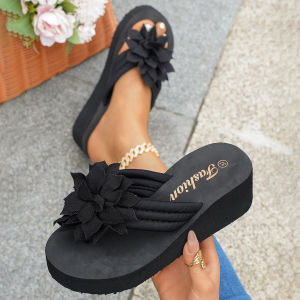 [Free Shipping] Womens Summer Slippers Floral Flip-Flops Thick-Soled Wedge Slippers Casual Versatile Lightweight Beach Shoes