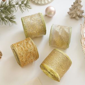 FANGAN Gold Wire Edge Christmas Ribbon Weaving Classic Mesh Yarn Fabric Craft Ribbon DIY Xmas Bows Christmas Tree Ribbon DIY Sewing
