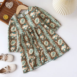 Gấu lãnh đạo xuân thu phong cách dân tộc hoa cô gái ăn mặc 3-7 tuổi retro cổ tròn dài tay trẻ em quần áo