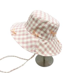 SUTONGXUE Sun Protection Hiking Fisherman Hat Versatile Small Lattice Bow Bucket Hat Breathable Big Brim Plaid Hiking Cap Famale