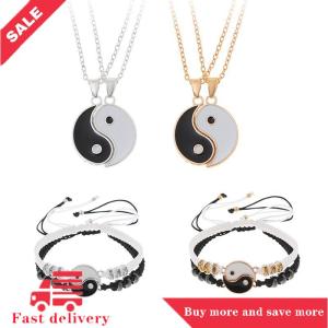 [COD] 2Pcs Tai Chi Yin Yang Couple Bracelets Necklaces Set Pendant Adjustable Braid Chain Bracelet Matching Lover Bracelets Choker