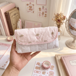 BEDDEH Polyester mềm mại Hộp đựng bút chì may chần hình chó con Chó Dễ Thương Dung lượng lớn Ví đựng tiền xu Phong cách đơn giản Viền trang trí bằng pom-pom Túi đựng bút chì Trường học