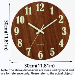 GONUUWGL แฟชั่น นาฬิกาแขวนเรืองแสง 12 นิ้ว ลายไม้ นาฬิกาแขวนควอตซ์ เงียบ กลม นาฬิกาดิจิตอล ห้องนอน