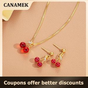【 CANAMEK 】 Red Cherry Pendant Necklace Stud Earrings Set Womens Fashion Fruit Necklace Earrings Jewery Set For Party Wedding Girls Gifts