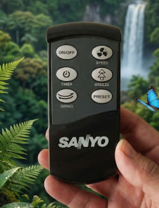 Điều khiển từ xa SANYO cho máy điều hòa không khí với các tính năng ON/OFF tốc độ hẹn giờ gió nhẹ cài đặt và swing