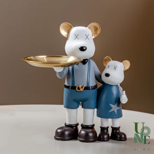 UoneHome พร้อมส่ง H067 รูปปั้นเรซิน น้องหมีคู่ถือถาด รูปปั้นตุ๊กตาหมี สำหรับตกแต่งบ้าน สำนักงาน ดีไซน์สร้างสรรค์ ของขวัญพิเศษ