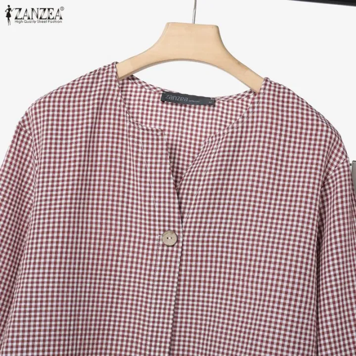 Celmia%20ZANZEA%20Women%20Two-piece%20Outfits%20Retro%203/4%20Sleeve%20Loose%20Top%20Elastic%20Waist%20Trousers%20Grid%20Printed%20Sets%20#1208%20-%20Image%207