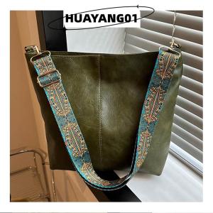 HUAYANG01 [2023 new HOT FASHION] Vintage Solid Color Women Fashion Shoulder Sling Bag High-Capacity Simple Wide Strap Bucket Crossbody Bag