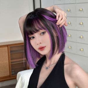 PERCEPT Neat Bangs Black Bob Wig with Purple Highlights Synthetic Heat-Resistant Short Straight Cosplay Wig Hair Accessories Ombre Modest Fashion Wig for Halloween