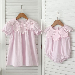 Pink Lace Embroidery Baby Girl Petal Collar Romper Elegant Princess Birthday Party Dress 2025 Summer Infant Clothes Sister Look2026