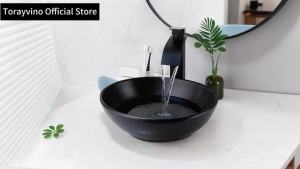 LDIES Torayvino Artificial Stone Bathroom Basin Sink Style Above Counter Vessel Sink Vanity with Waterfall Faucet and Drain Z8K4H