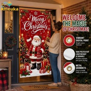 Allieuka Christmas Door Curtain Hd Printed Polyester Backdrop Cloth With Grommets Holiday Party Photo Props