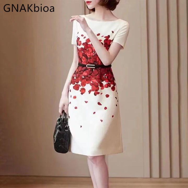 2024 Temperament Lady Printed Dress Women Summer New Rose