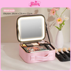 CHARM Tas Make Up Tas Rias Perjalanan/Penyusun Kosmetik Dengan Lampu LED Dan Cermin Kulit PU Waterproofing