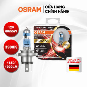 Combo 2 Bóng Đèn Pha/Cos Halogen Tăng Sáng 200% OSRAM Night Breaker Dùng Cho Xe Ô Tô Xe Hơi Xe Máy Chân H4 12V 60/55 64193NB200 - 3900K 1650/1000LM Thủy tinh