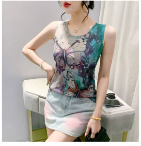 Ammin 2024 đơn giản mới mùa hè cổ tròn không tay vai thiết kế đơn giản vải cotton T-Shirt của phụ nữ phong cách Hàn Quốc cà vạt Thời Trang nhuộm in hình bươm bướm Áo Blouse thanh lịch