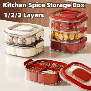 SWEET TIM Transparent Spice Storage Box Stackable Large Capacity Seasoning Storage Box BPA Free Foldable Handle Kitchen Storage Box Kitchen Organizer