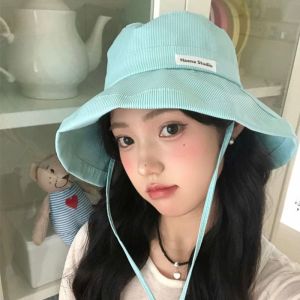 TEWUB Korean Striped Fisherman Hat Spring Summer Wide Brim Womens Sun Caps Fashion Foldable Striped Bucket Hat Travel